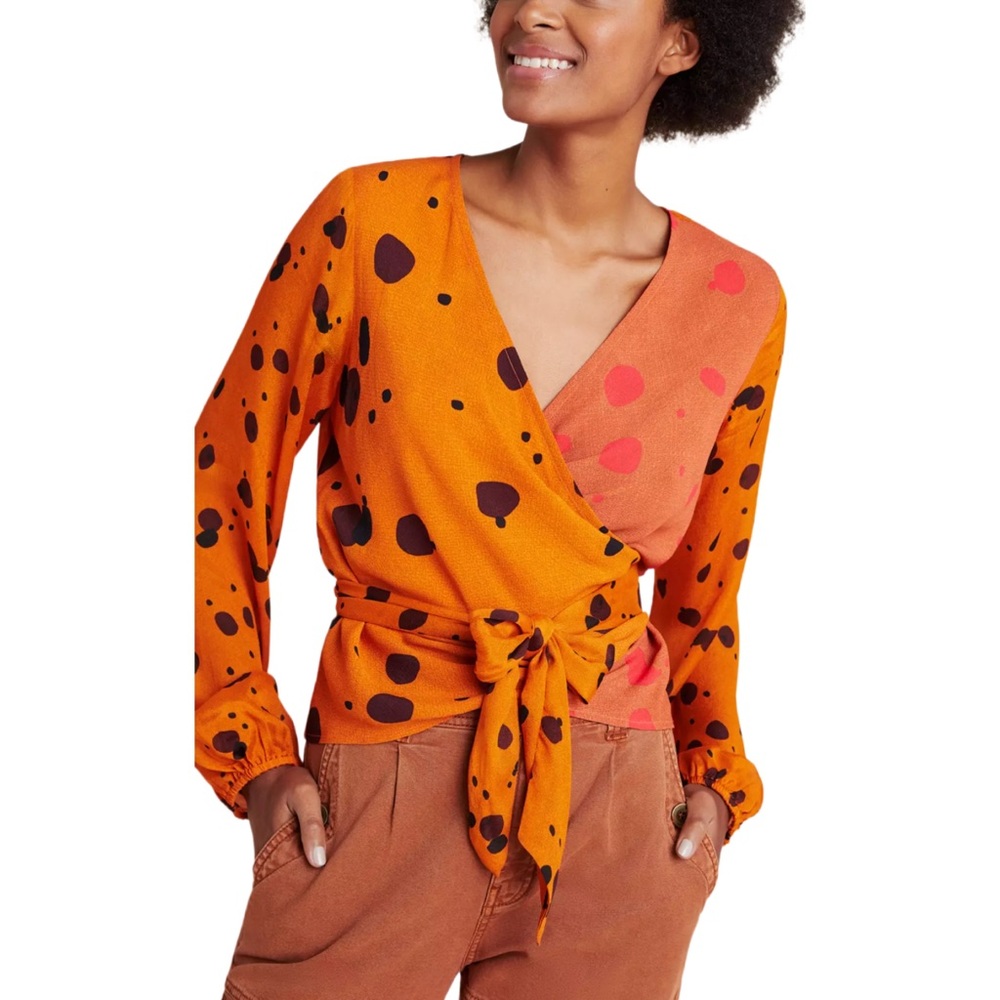 Blank London Anthropologie Ariana Wrap Blouse Size XS Orange and Black Top